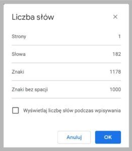 Ilość znaków w Google Docs.