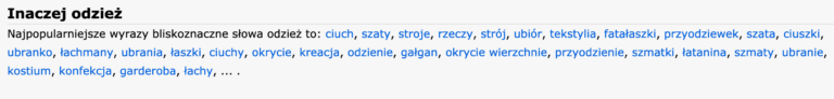 Widok synonimów po wpisaniu frazy "odzież".
