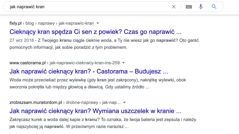 TOP 3 wyniki wyszukiwania po wpisaniu frazy "jak naprawić kran".